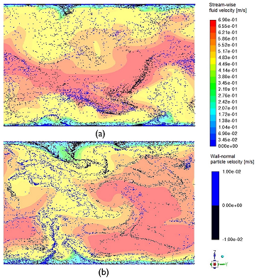 Illustration of the stream-wise velocity field in the middle stream-wise plane under one-way coupling (a) and two-way coupling (b) configurations. Positions of particles around that plane are shown as colored dots. Black dots represent particles with negative wall-normal velocities, whereas blue dots denote particles with positive wall normal velocities. Flow is orthogonal to the plane.