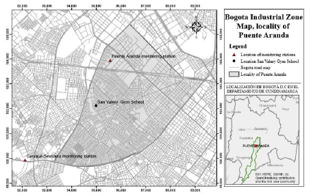 Location of the sampling site and the Puente Aranda and Carvajal-Sevillana air quality monitoring stations