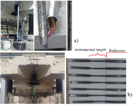 (a) Steel bars testing; (b) strapping strip test, using an electric displacement transducer and SST after testing