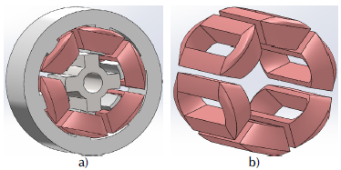 a) Model of a 6/4 pole SRM; b) machine phase windings