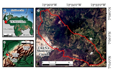 Location of the study area: a) national, b) regional, c) watershed