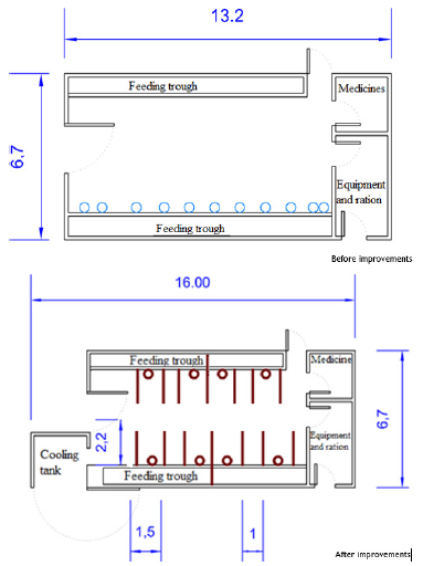Floor plan of the PA milking shed (measures in meters)