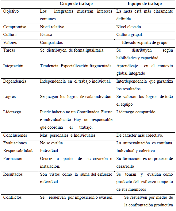 Diferencia entre grupo de trabajo y equipo de trabajo, seg�n criterios seleccionados