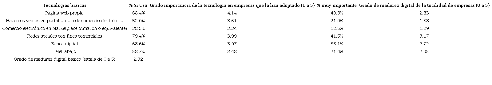 Tecnolog�as b�sicas: adopci�n, grado de importancia y nivel de madurez digital