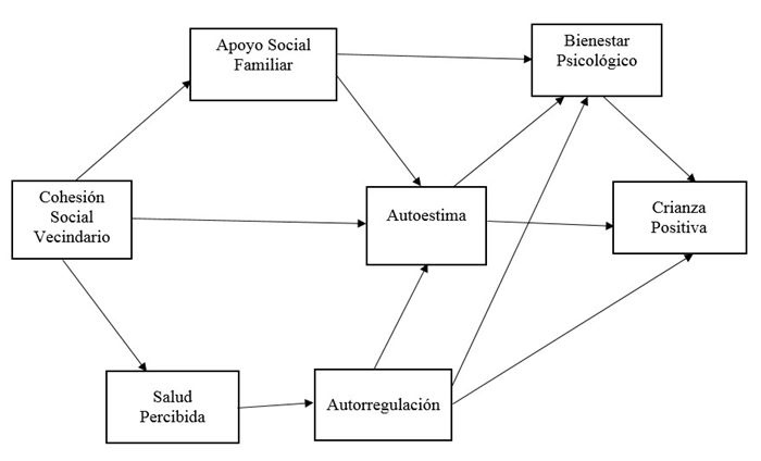 Modelo
hipot&eacute;tico a probar de las interrelaciones funcionales de la crianza positiva
materna