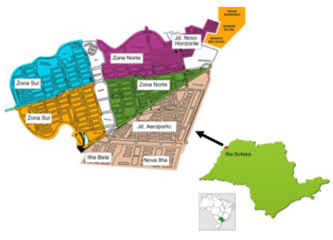 Localização da cidade de Ilha Solteira - SP, latitude 20º22’S, longitude 51º22’WGR (REDE CIDADE DIGITAL, 2018) com detalhe do mapa da cidade e divisão dos bairros (ILHA SOLTEIRA, 2018 adaptado).