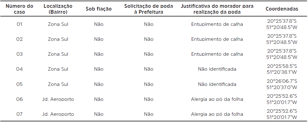 Oitis identificados com poda drástica na cidade de Ilha Solteira - SP.