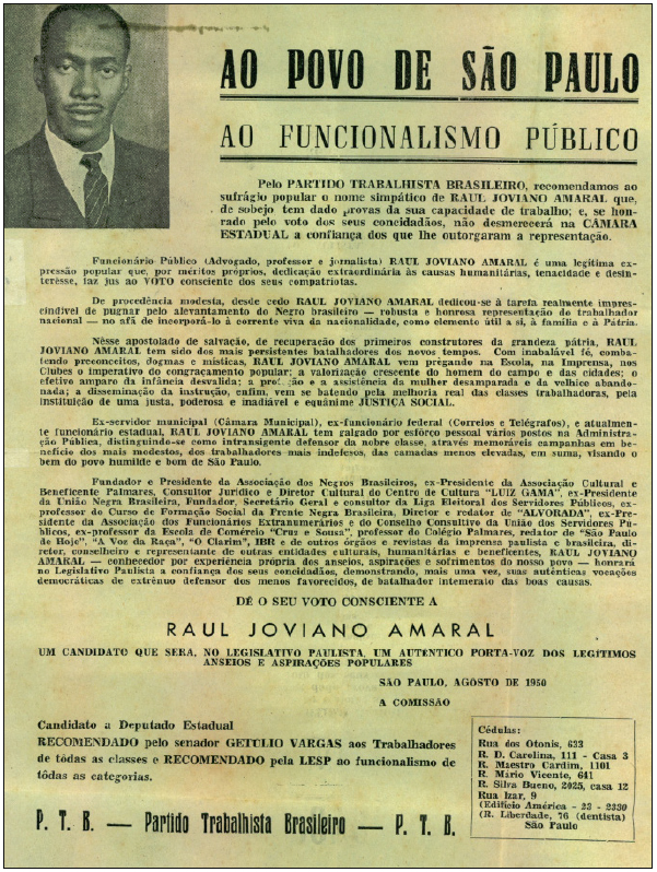 Panfleto de campanha de Raul Joviano Amaral.
