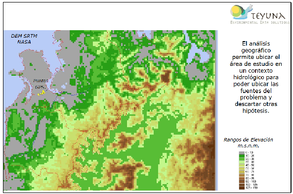 Puntos GPS (Global Positioning System) demarcados en color amarillo n y líneas azules n (cuerpos de agua), sobre la zona de color gris n, la cual corresponde al rango de elevación que va de los 0 a 10 metros sobre el nivel del mar (m.s.n.m.), proporcionado por este análisis geográfico de cuencas y microcuencas basado en el Digital Elevation Model (DEM) y Shuttle Radar Topographic Mission (SRTM).