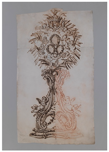 Oficina Valadier, desenho para um relic&aacute;rio-ostens&oacute;rio. Sangu&iacute;nea, tinta e aguada de castanho. 673 x 380 mm.