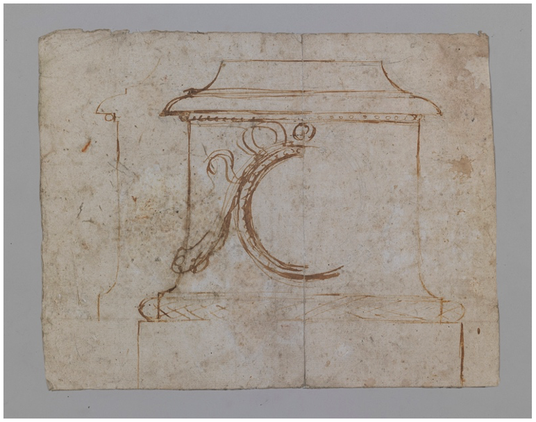 Oficina Valadier, estudo para plinto ou base. L&aacute;pis e tinta castanha. 270 x 347 mm. Antichit&agrave; Alberto Di Castro, Roma.
