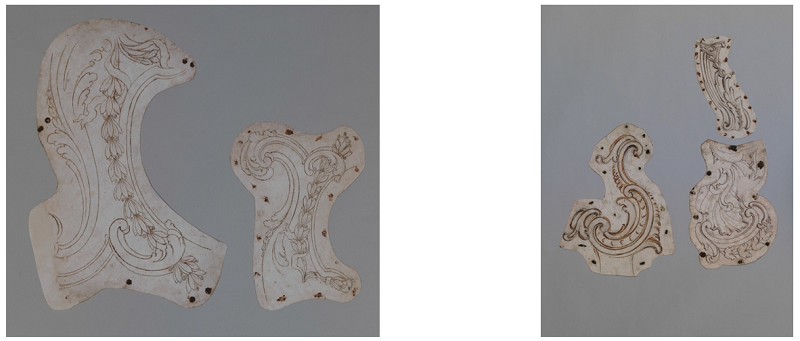Oficina Valadier, desenhos para partes de sacras. L&aacute;pis e tinta castanha. 480 x 520 mm e 300 x 410 mm, respectivamente. Antichit&agrave; Alberto Di Castro, Roma.