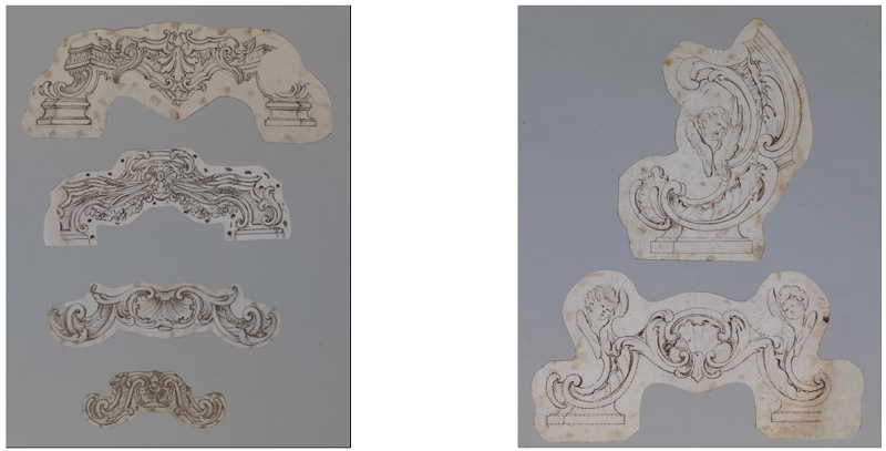 Oficina Valadier, desenhos para partes de sacras. L&aacute;pis e tinta castanha. 470 x 195 mm e 200 x 350 mm, respectivamente. Antichit&agrave; Alberto Di Castro, Roma.
