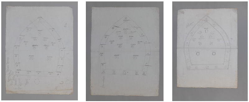 Oficina Valadier (Carlo Sartori, atrib.), desenhos para mitras, c. 1780. L&aacute;pis e tinta castanha. 584 x 445 mm, 584 x 440 mm e 584 x 440 mm, respetivamente. Antichit&agrave; Alberto Di Castro, Roma.