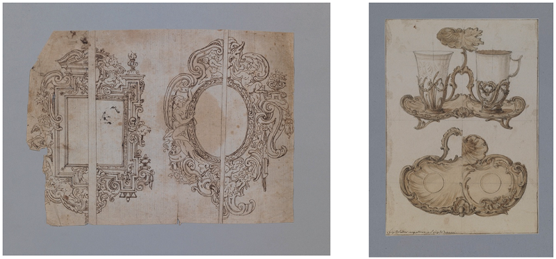 Oficina Valadier, desenhos para molduras. Pena e tinta castanha. 178 x 242 mm. Antichit&agrave; Alberto Di Castro, Roma. Fig. 12. Luigi Valadier (1726-1785), atrib., desenho para uma trembleuse, Luigi Valadier, antes de 1762. Grafite, pena, tinta e aguada de castanho. 336 x 239 mm. Colec&ccedil;&atilde;o privada.
