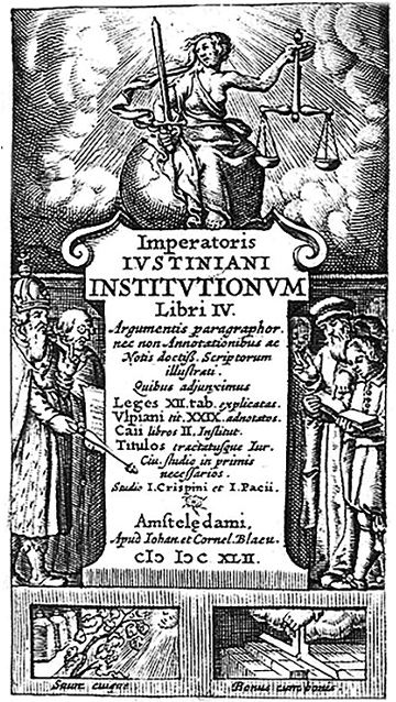 Crispinus, Johan. I y Blaeu, Cornel., 
							Justiniani Institutionum (frontispicio), 1642.
						