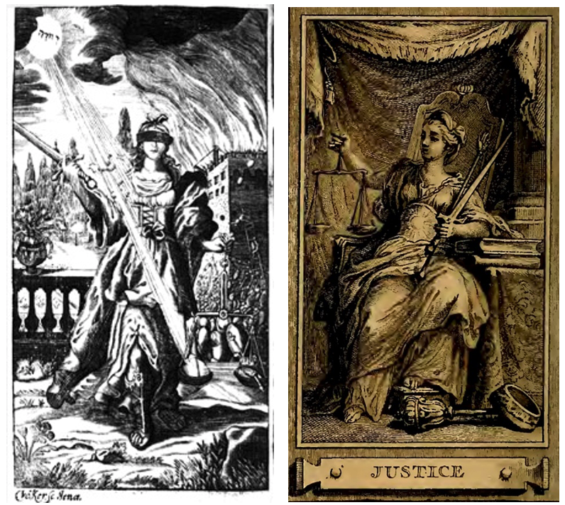 Johannes Meyer y Hugo Grotius, 
							Alegor&iacute;a de la Justicia divina, Questiones Redacti de iure Belli ac Pacis des Kriegesund des Friedens&hellip;, 1688. Fig. 5. Gaucher, Charles-&Eacute;tienne, 
							&ldquo;Justice&rdquo;, Iconologie par figures, 1791, Lattr&eacute; graveur, Par&iacute;s.
						