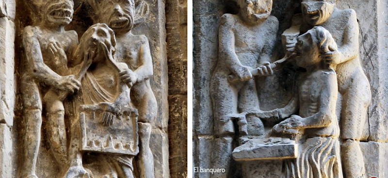 Castigos de banqueros. Puerta del Juico de la Catedral de Tudela, Navarra