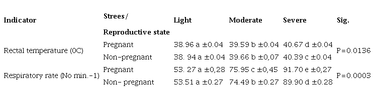 Interaction between heat stress and pregnancy or not, in rectal temperature and respiratory rate of dairy cows in production