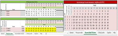 a) Sheet to enter pressures of the ProGas v1.1 program. b) Sheet of accumulative volume of ProGas v1.1 program. Outlet table