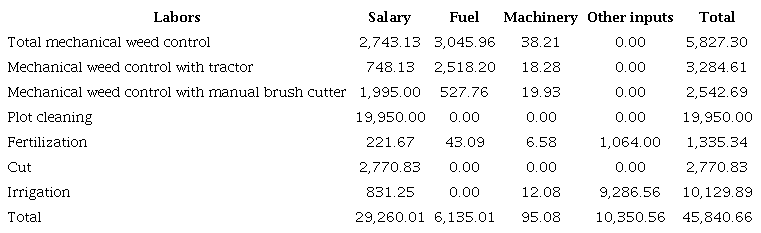 Expense accumulation sheet for the maintenance of the C. purpureus germplasm bank of the ICA