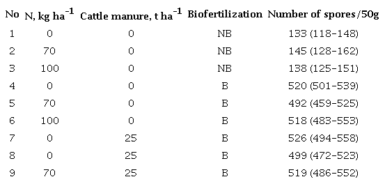Number of spores of AMF that were in the soil in each treatment after the canavalia cut