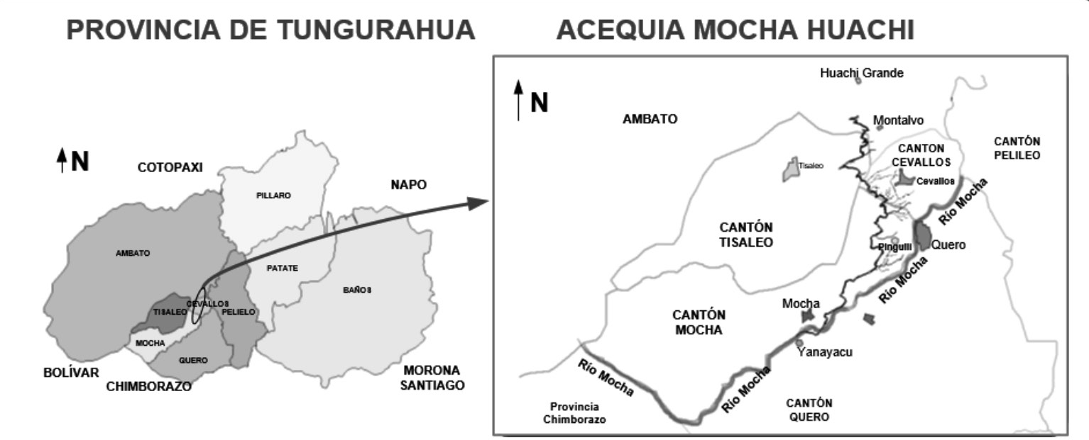 Ubicaci&oacute;n y red de distribuci&oacute;n de la acequia Mocha Huachi.