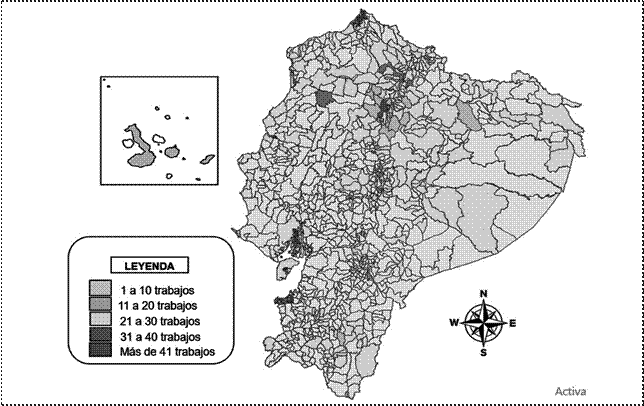 Mapa parroquial de concentraci&oacute;n de trabajos de titulaci&oacute;n.