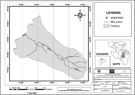 Ubicaci&oacute;n de los puntos de muestreo en la quebrada ?Togllahuayco? (Fuente: Mapa elaborado por los autores con informaci&oacute;n obtenida del IGM).