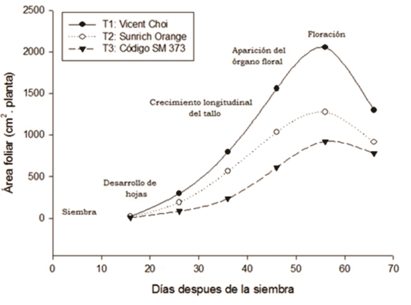 rea Foliar de tres cultivares hbridos de girasol en funcin del tiempo.