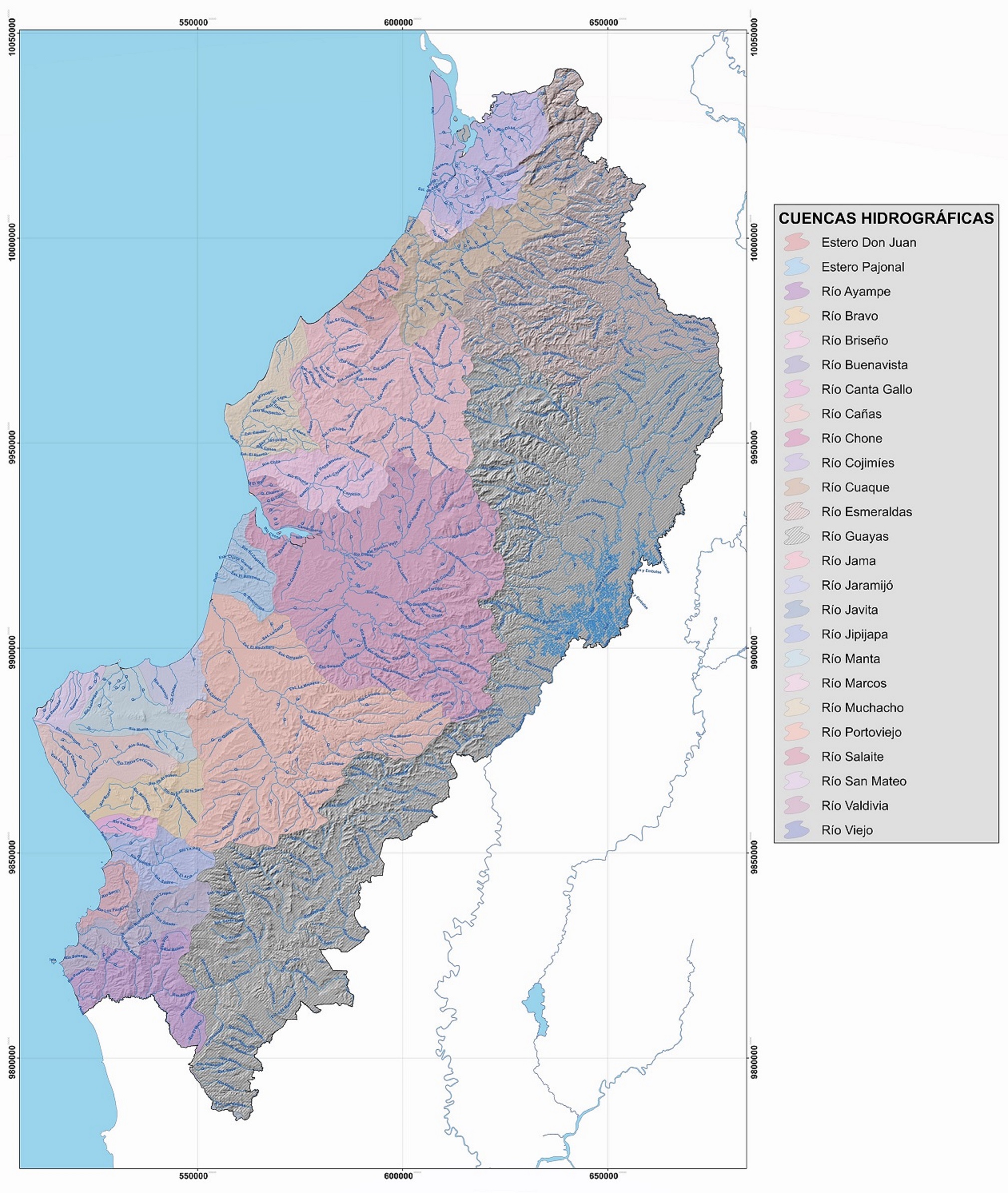 Mapa de cuencas hidrogrficas de la provincia de Manab, Ecuador.