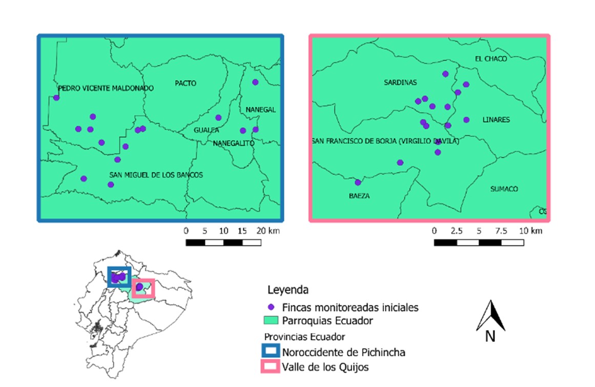 Ubicaci�n espacial de las Fincas monitoreadas en el Noroccidente de Pichincha y el Valle de los Quijos