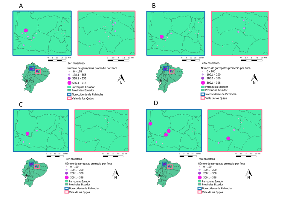 Mapas de promedios de garrapatas sobre bovinos a nivel de finca, en cada una de las fincas participantes: A) primer muestreo, B) segundo muestreo, C) tercer muestreo, D) cuarto muestreo.