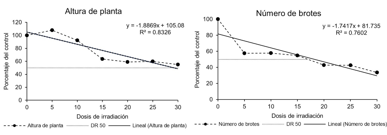 An�lisis de regresi�n y dosis de reducci�n del 50% de las variables altura de planta y n�mero de brotes de plantas in vitro de malanga Blanca irradiada con rayos gamma.