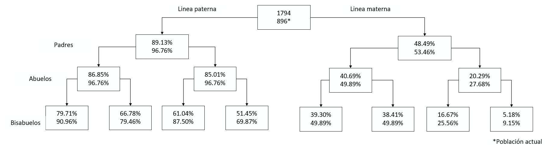 N�mero total de animales en el pedigr� con el porcentaje ancestros conocidos en la poblaci�n hist�rica y actual.