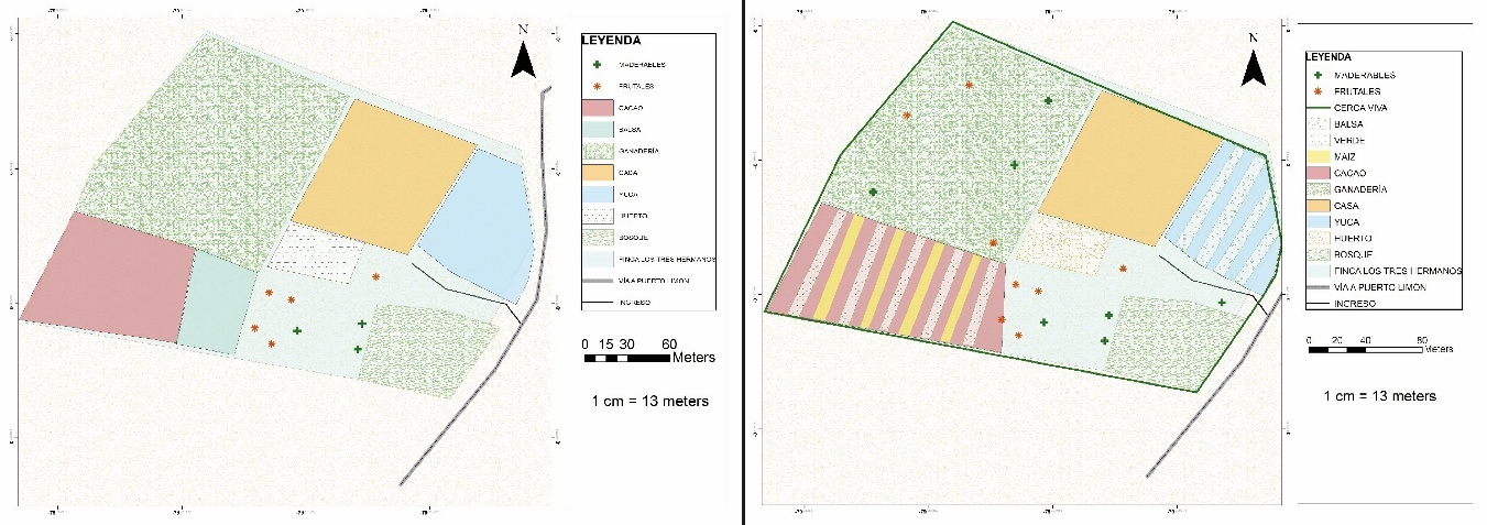 Usos de suelo inicial (izquierda) y propuesta (derecha) de la Finca Los Tres Hermanos.