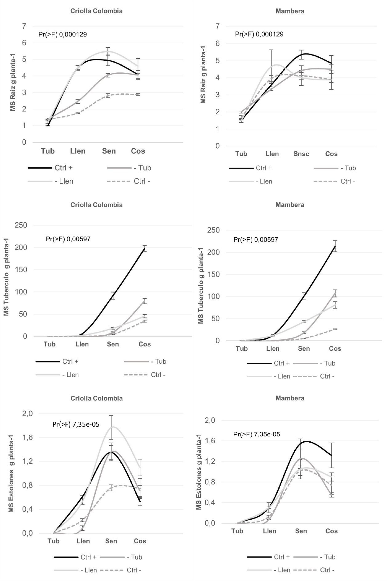 Comportamiento de parte subterránea de la planta de arriba hacia abajo, raíz, tubérculo y estolón por efecto de la fase fenológica, tratamientos de humedad del suelo y cultivar en plantas de papa Solanum phureja bajo condiciones de invernadero.
