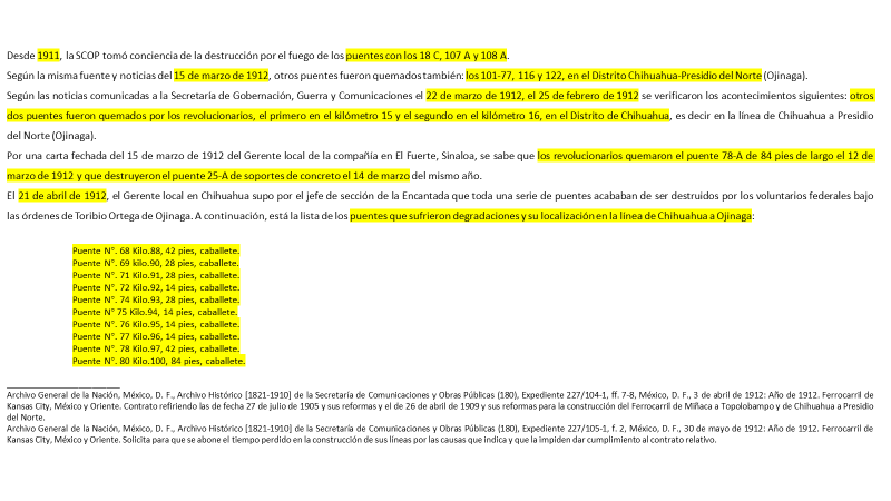 Resumen de deterioro y destrucci&oacute;n de puentes ferroviarios entre 1911 y 1912.