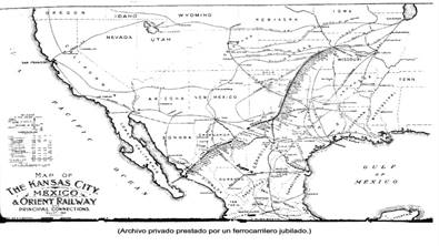 Mapa de la l&iacute;nea KCMO y sus principales conexiones al 1&deg; de diciembre de 1912.