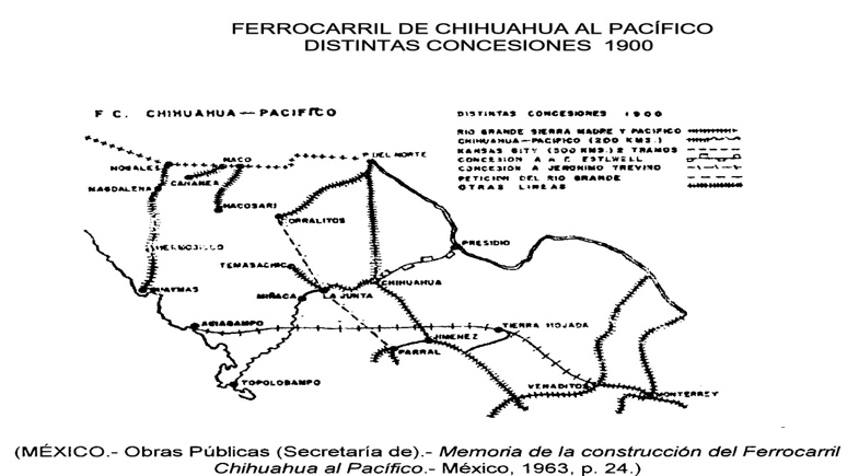 Conexiones del KCMO con otras l&iacute;neas ferroviarias del Estado de Chihuahua en 1900.