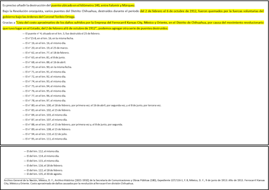 Informe de desperfectos cometidos en puentes ferroviarios entre 1911 y 1912.