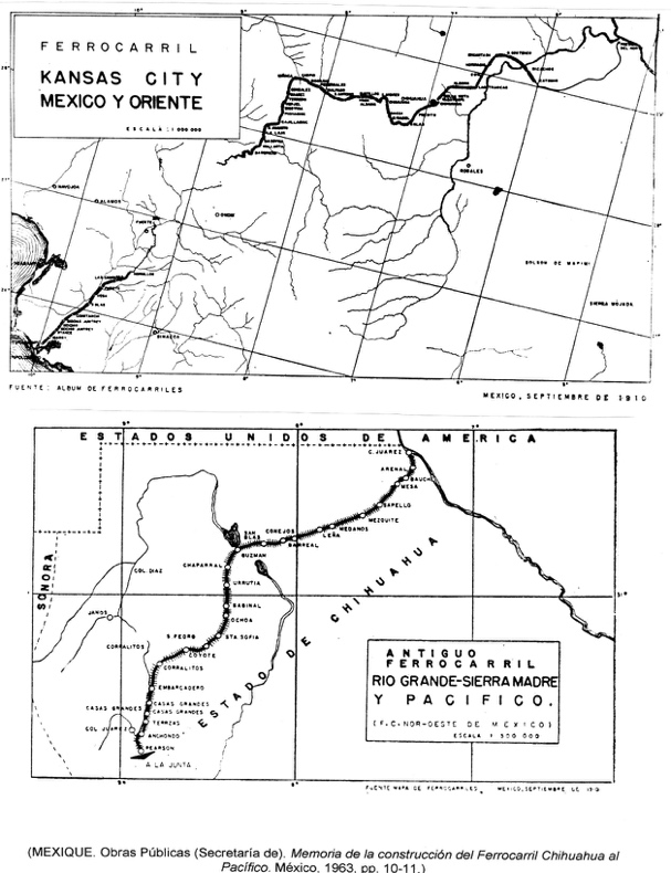 Trazos de las l&iacute;neas del ferrocarril KCMO y del Ferrocarril Noroeste de M&eacute;xico en v&iacute;speras de la Revoluci&oacute;n mexicana (septiembre de 1910).
