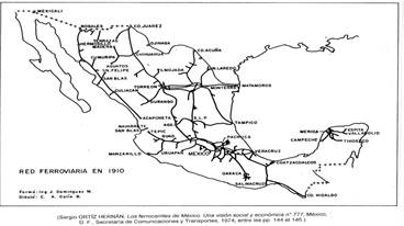 Mapa de la red ferroviaria mexicana en 1910.