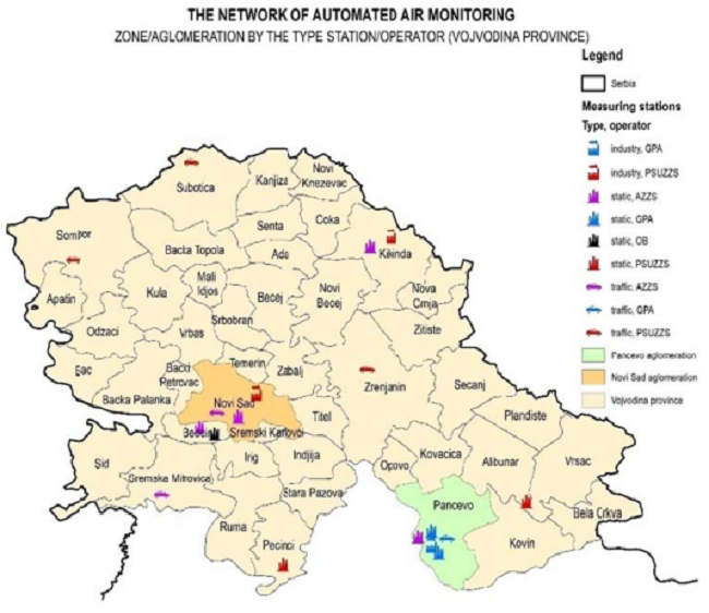 Network of automated air monitoring in Vojvodina province; by the type of the station and its operator