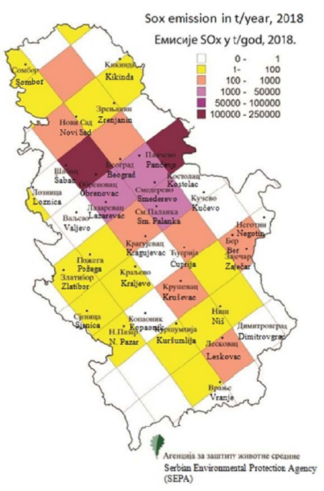 Spatial distribution of sulphide oxides by municipalities in Serbia
