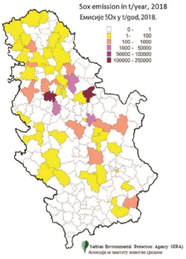 Spatial distribution of sulphide oxides by municipalities in Serbia