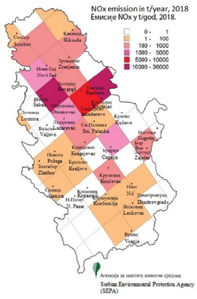 Spatial distribution of nitrogen oxides by municipalities in Serbia