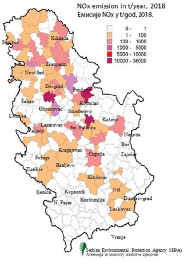 Spatial distribution of nitrogen oxides by municipalities in Serbia