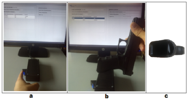 Implemented solution: (a) registering, (b) weapon identification, (c) tag placement)