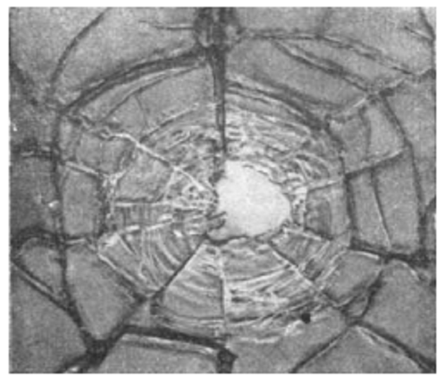 Fracture pattern in a glass plate exposed to an explosion pressure of 2.8109 Pa